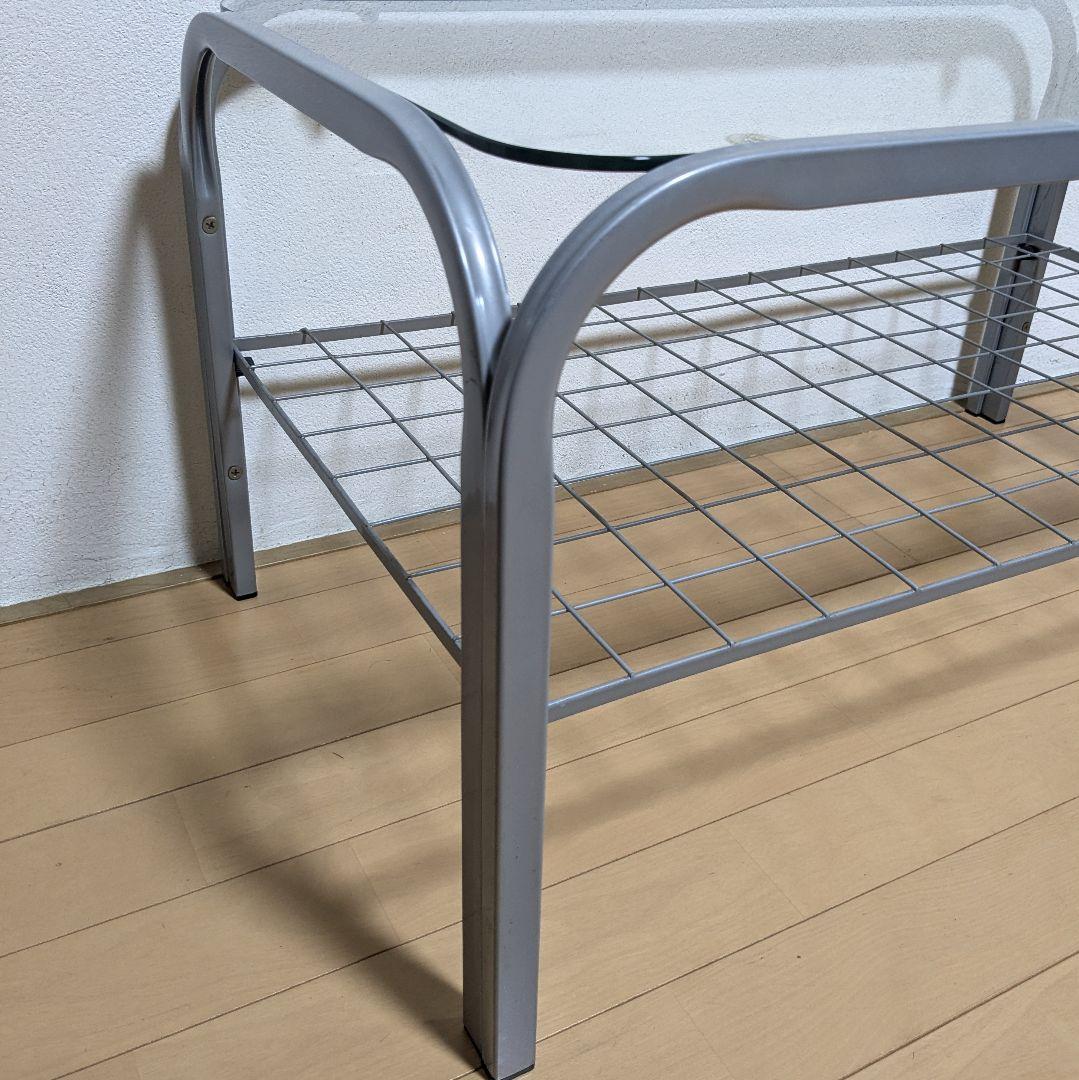 昭和レトロ ガラス アイアンフレーム ローテーブル 網棚付き シルバー