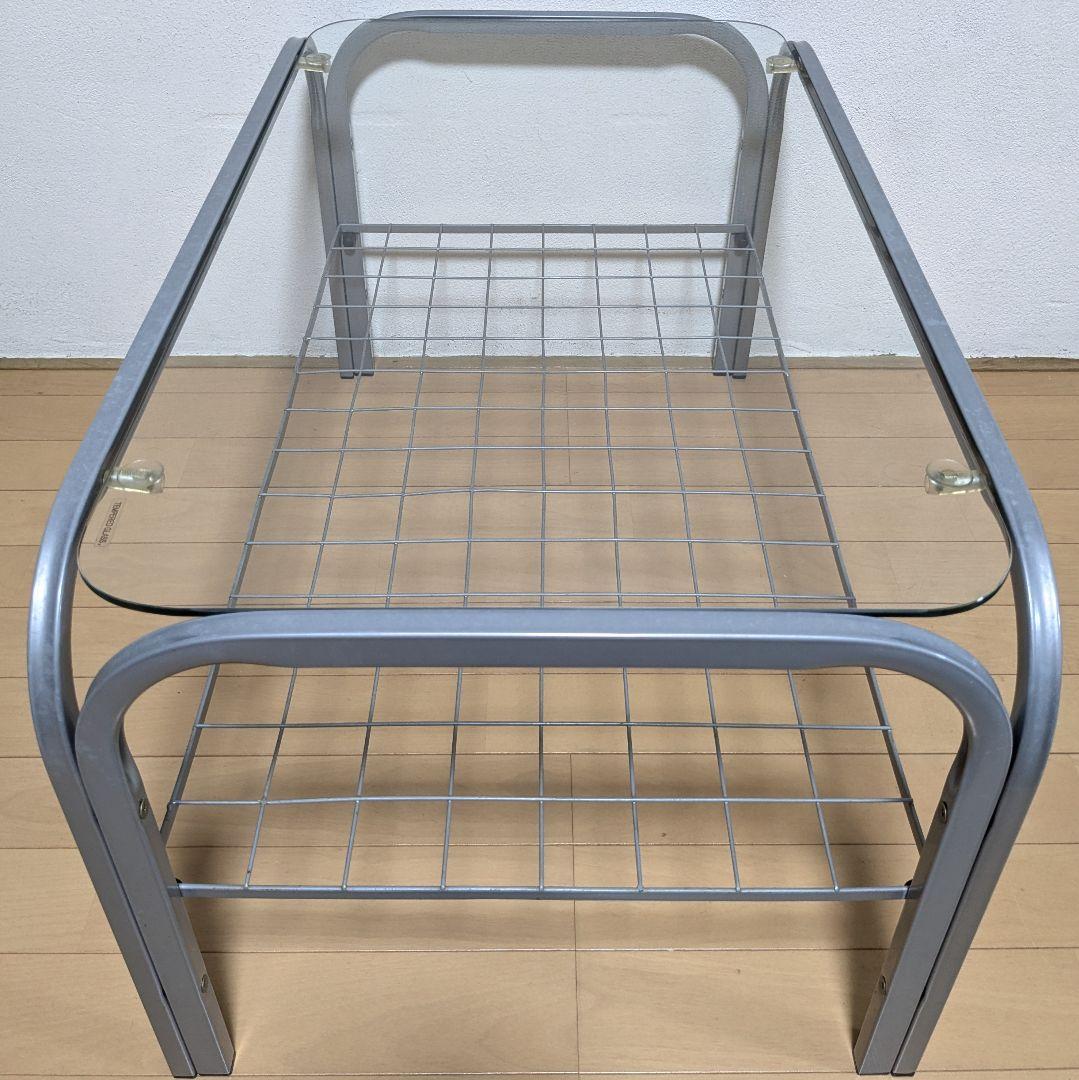 昭和レトロ ガラス アイアンフレーム ローテーブル 網棚付き シルバー
