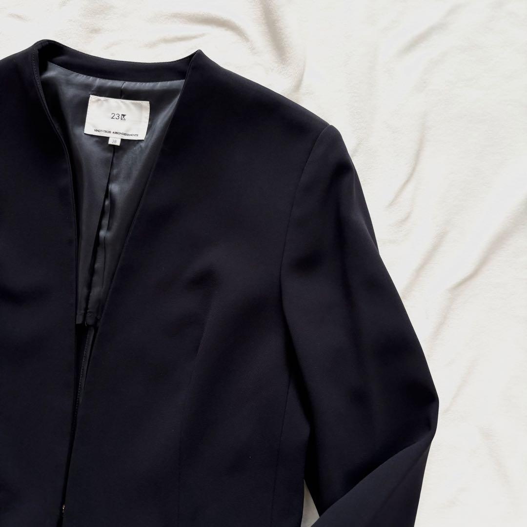 極美品☆23区 トリアセダブルジョーゼット　Vネック ジャケット　ノーカラー　M