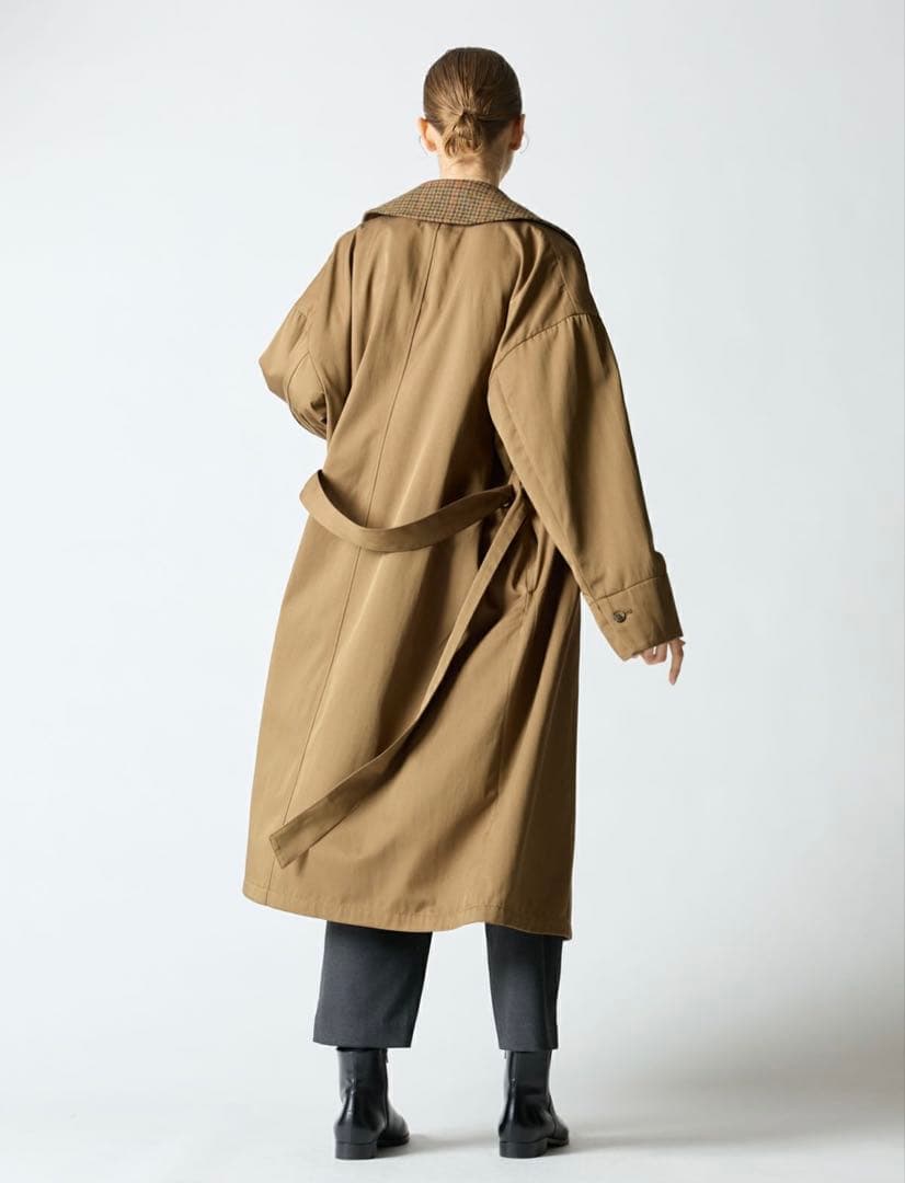 新品mizuiro ind ワイドロングコート　ベージュ×チドリ