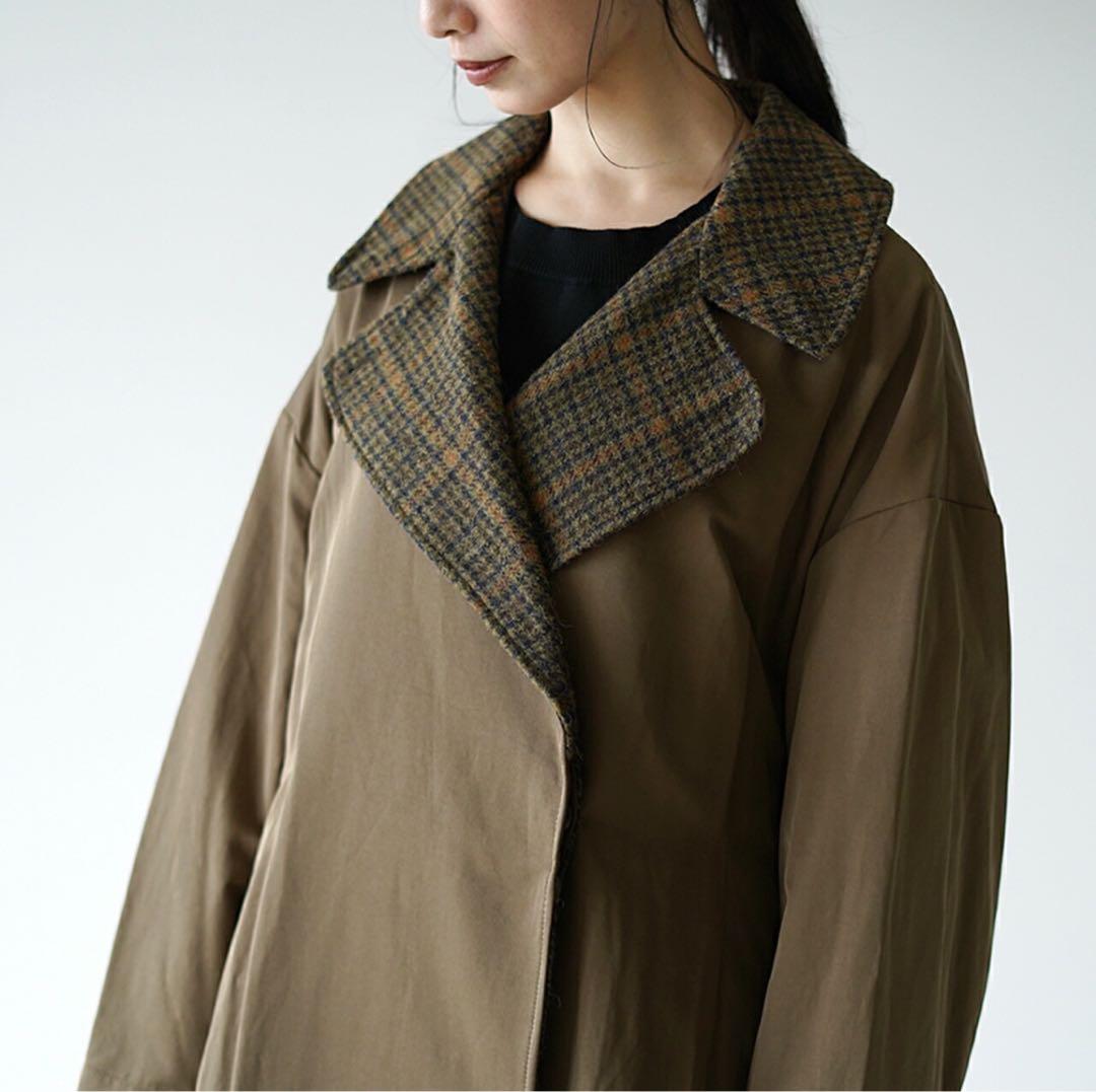 新品mizuiro ind ワイドロングコート　ベージュ×チドリ