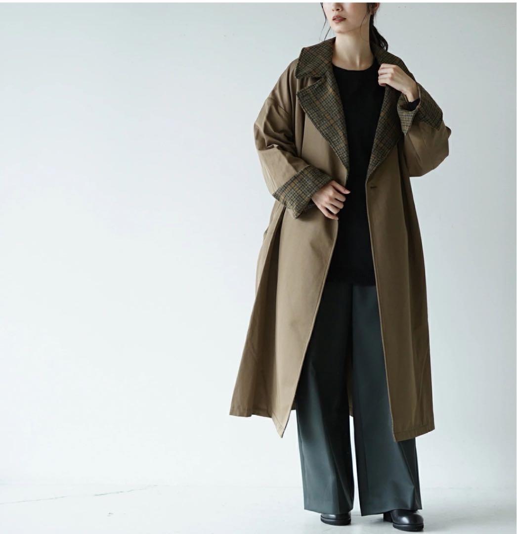 新品mizuiro ind ワイドロングコート　ベージュ×チドリ