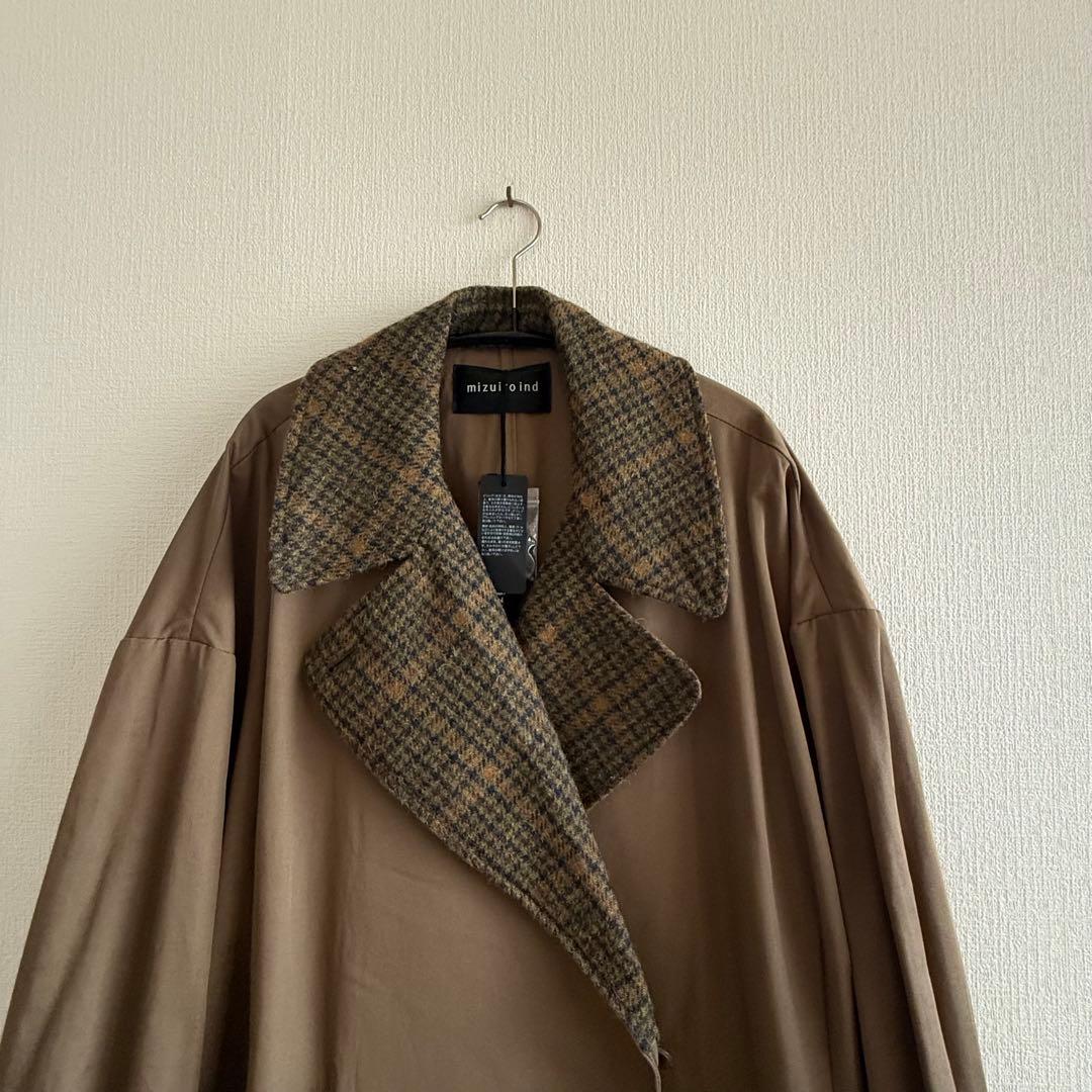 新品mizuiro ind ワイドロングコート　ベージュ×チドリ