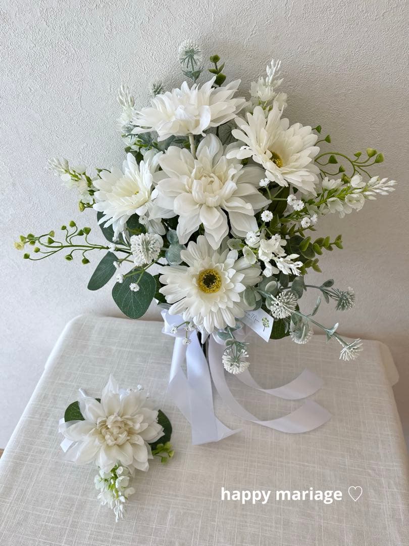 ウェディングブーケとブートニアのセット♡ダリアブーケ♡ガーベラブーケ♡前撮り♡