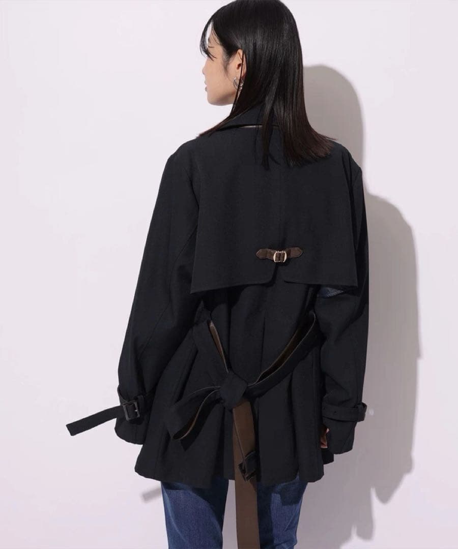 新品 レザー切り替え ミドルトレンチ 紺 MYSTRADA