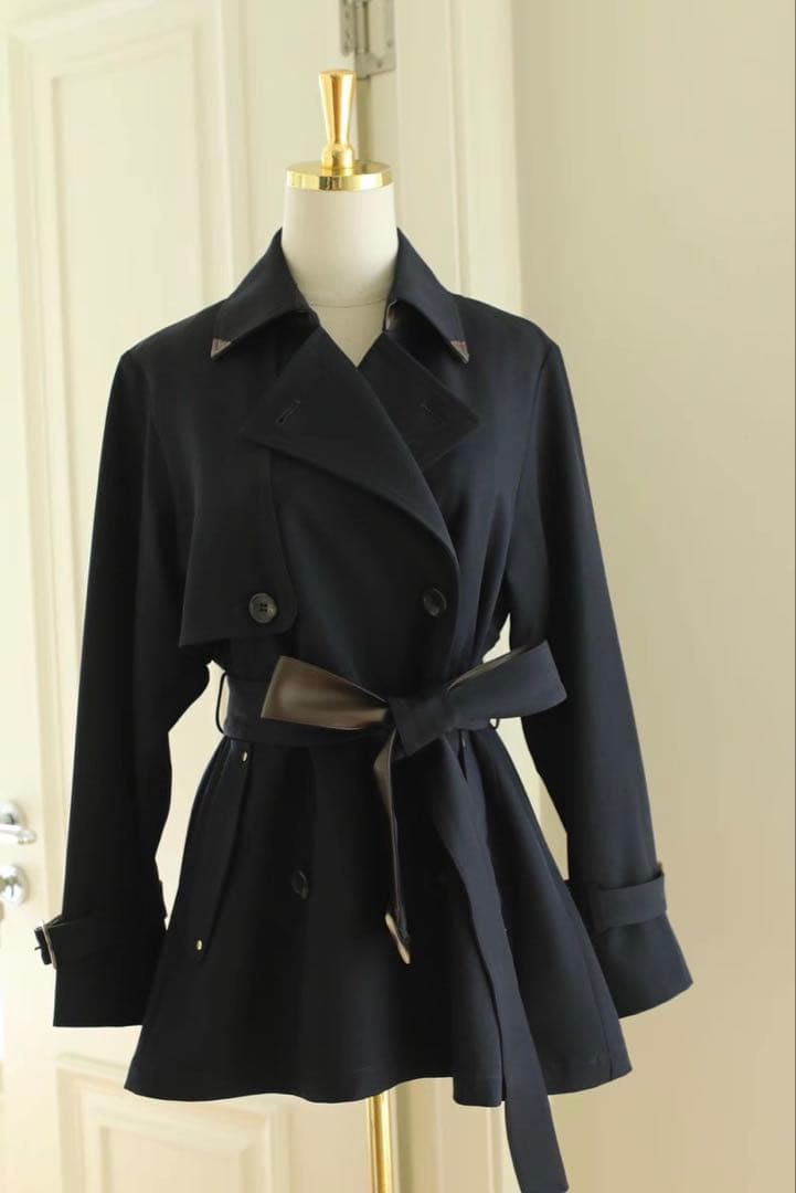 新品 レザー切り替え ミドルトレンチ 紺 MYSTRADA