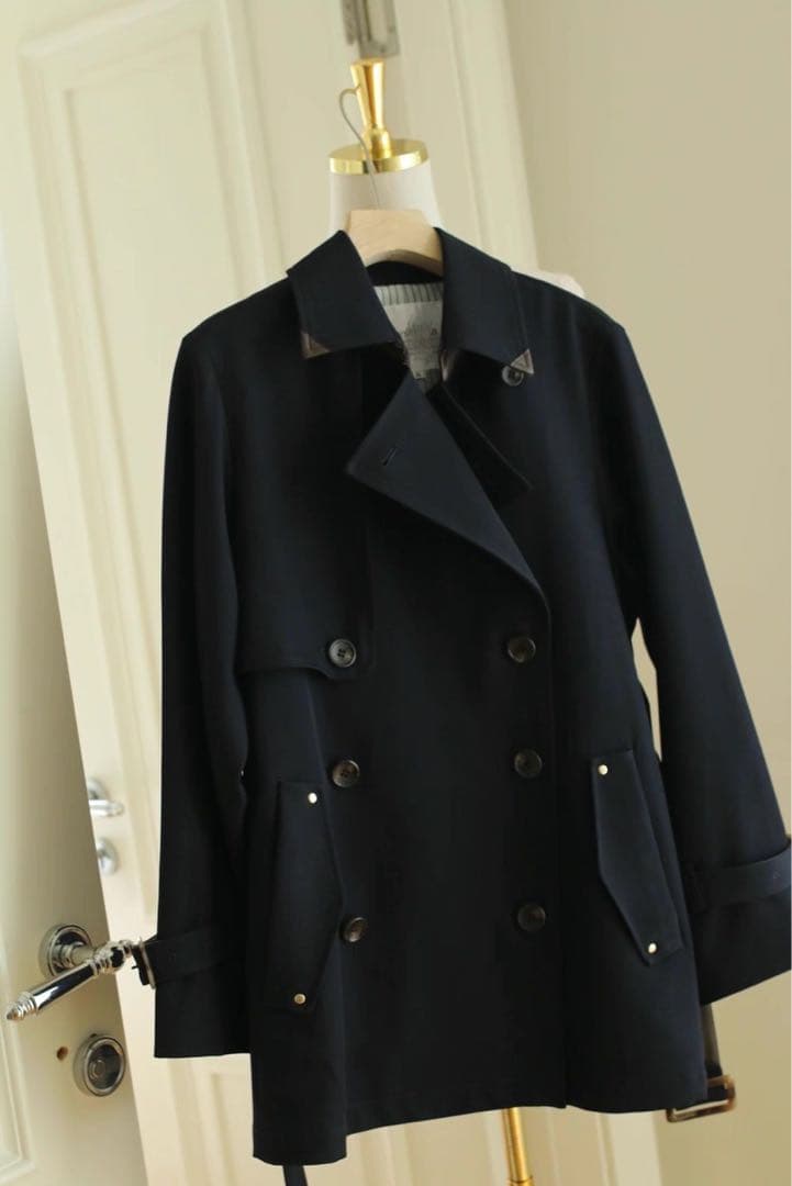 新品 レザー切り替え ミドルトレンチ 紺 MYSTRADA