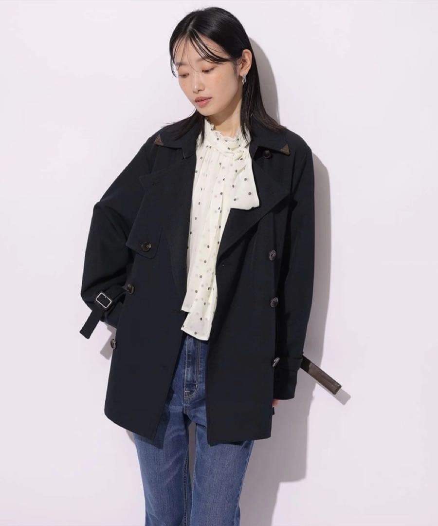 新品 レザー切り替え ミドルトレンチ 紺 MYSTRADA