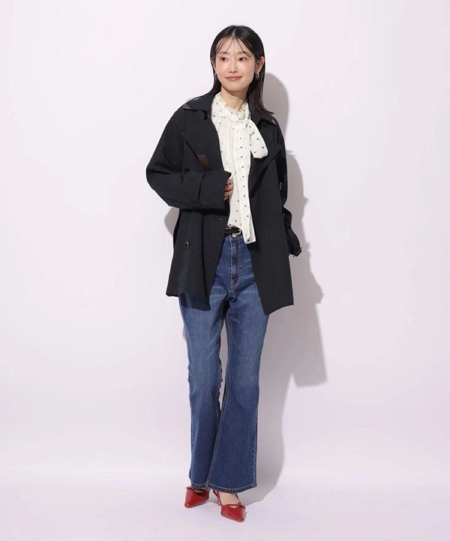 新品 レザー切り替え ミドルトレンチ 紺 MYSTRADA