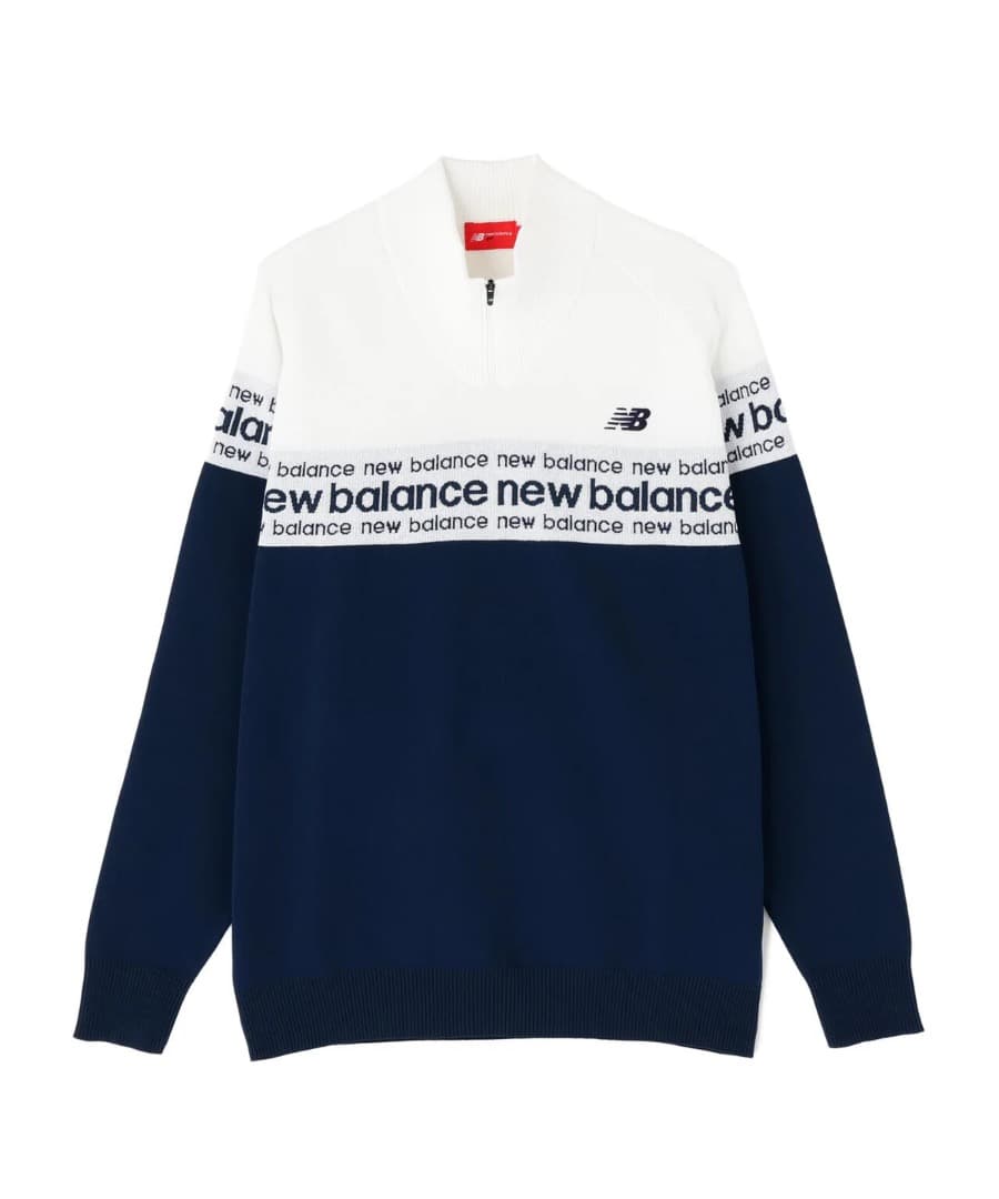NewBalance ロゴライン軽量ハーフジップ スタンド ニット プルオーバー