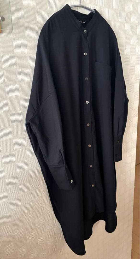 ミズイロインド　バンドカラーウール混ワンピース　ネイビー　美品　再お値下げ