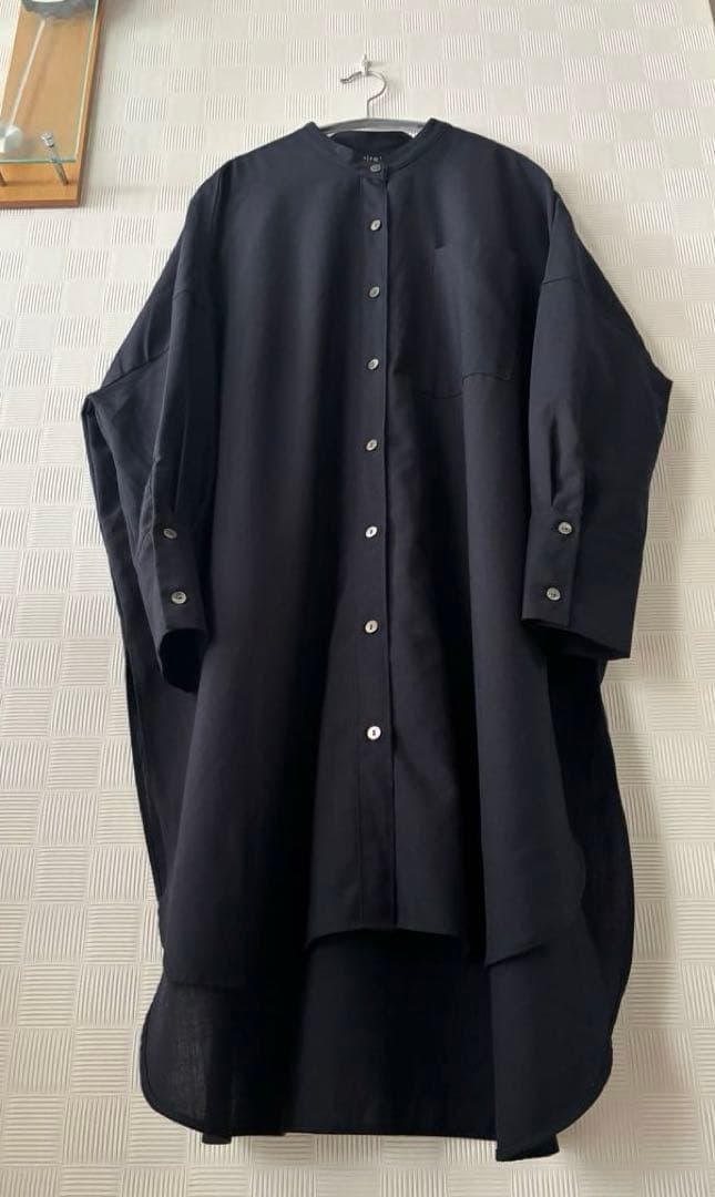 ミズイロインド　バンドカラーウール混ワンピース　ネイビー　美品　再お値下げ