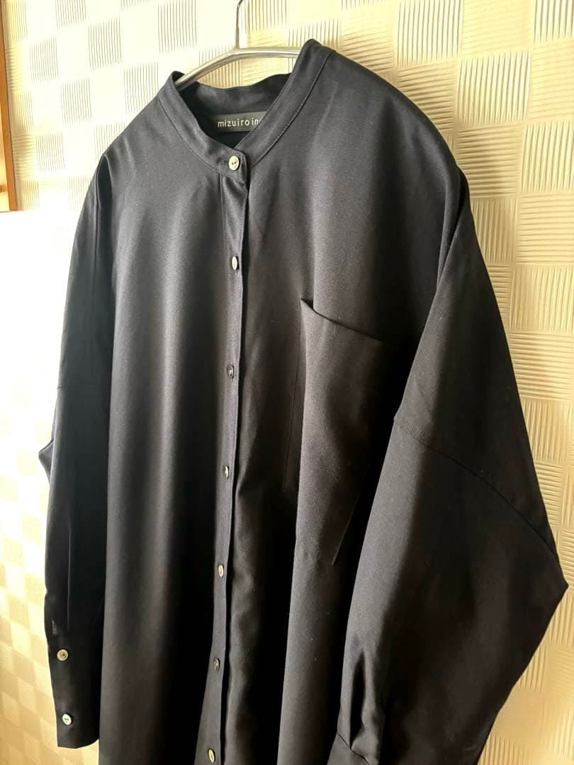 ミズイロインド　バンドカラーウール混ワンピース　ネイビー　美品　再お値下げ