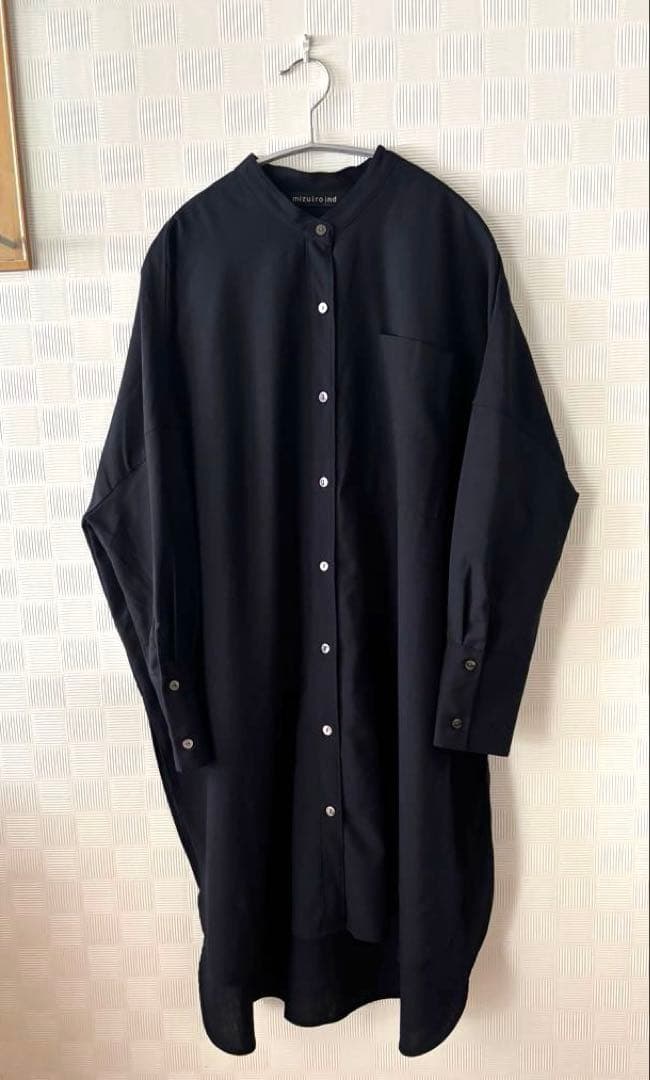 ミズイロインド　バンドカラーウール混ワンピース　ネイビー　美品　再お値下げ