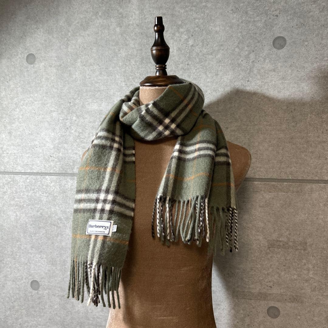 【美品】Burberrys カシミアマフラー　PURE CASHMERE カーキ