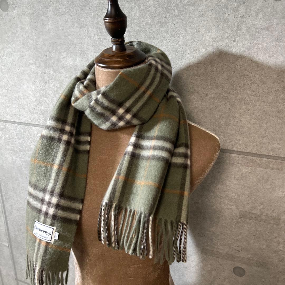 【美品】Burberrys カシミアマフラー　PURE CASHMERE カーキ