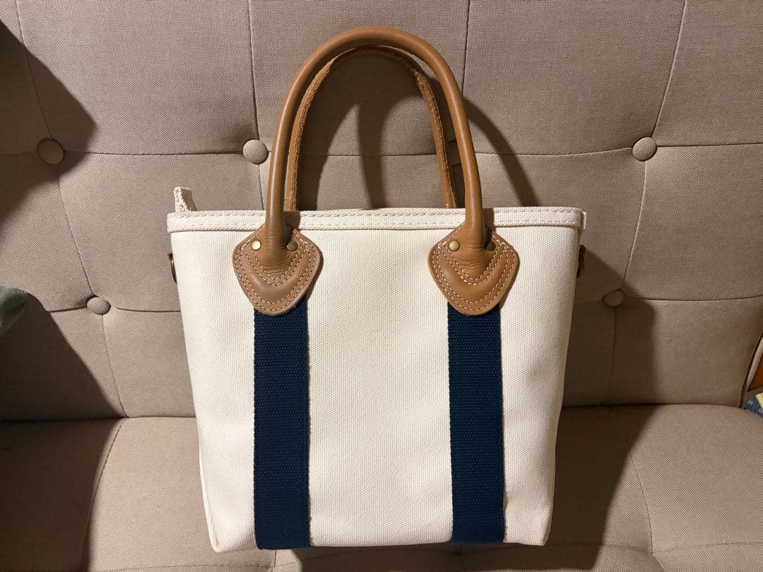 ホワイトキャンバス トートバッグ ネイビーストライプ