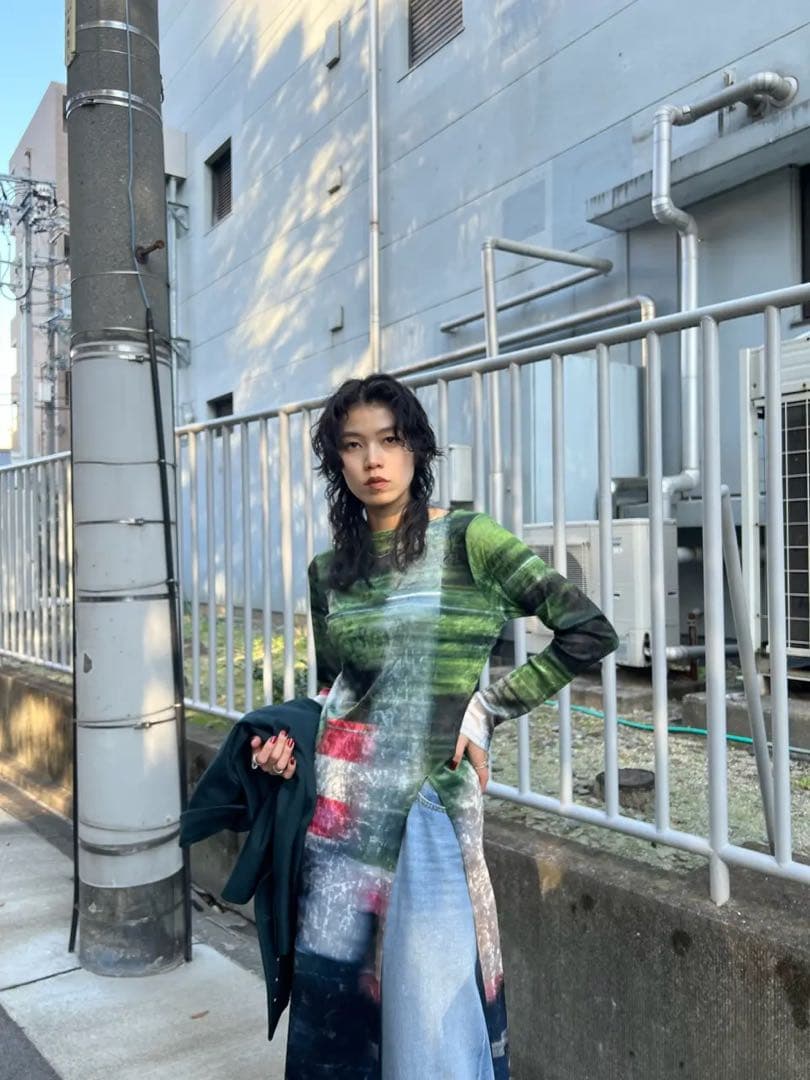 UND LANDSCAPE PRINT LONG TOP グリーン