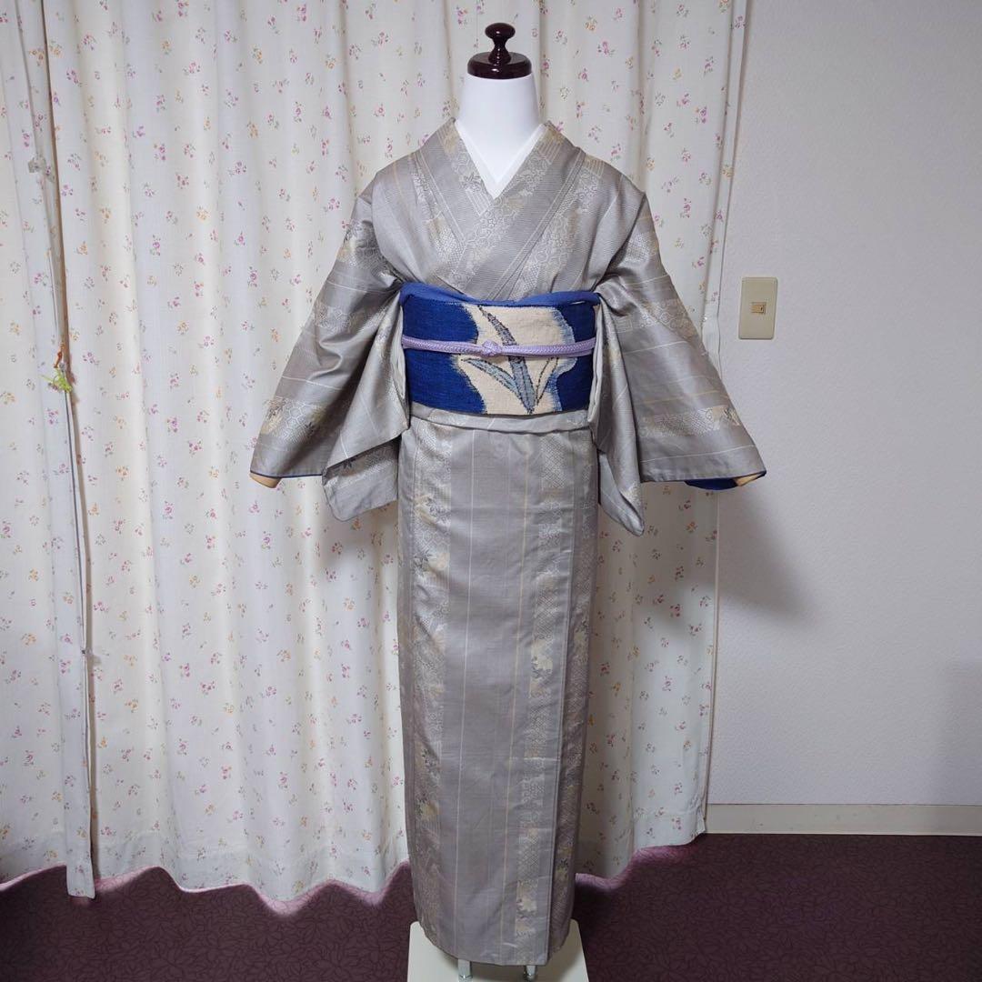 フ　正絹　大島紬　小紋　フルセット　白紬　カジュアル　【ミト】