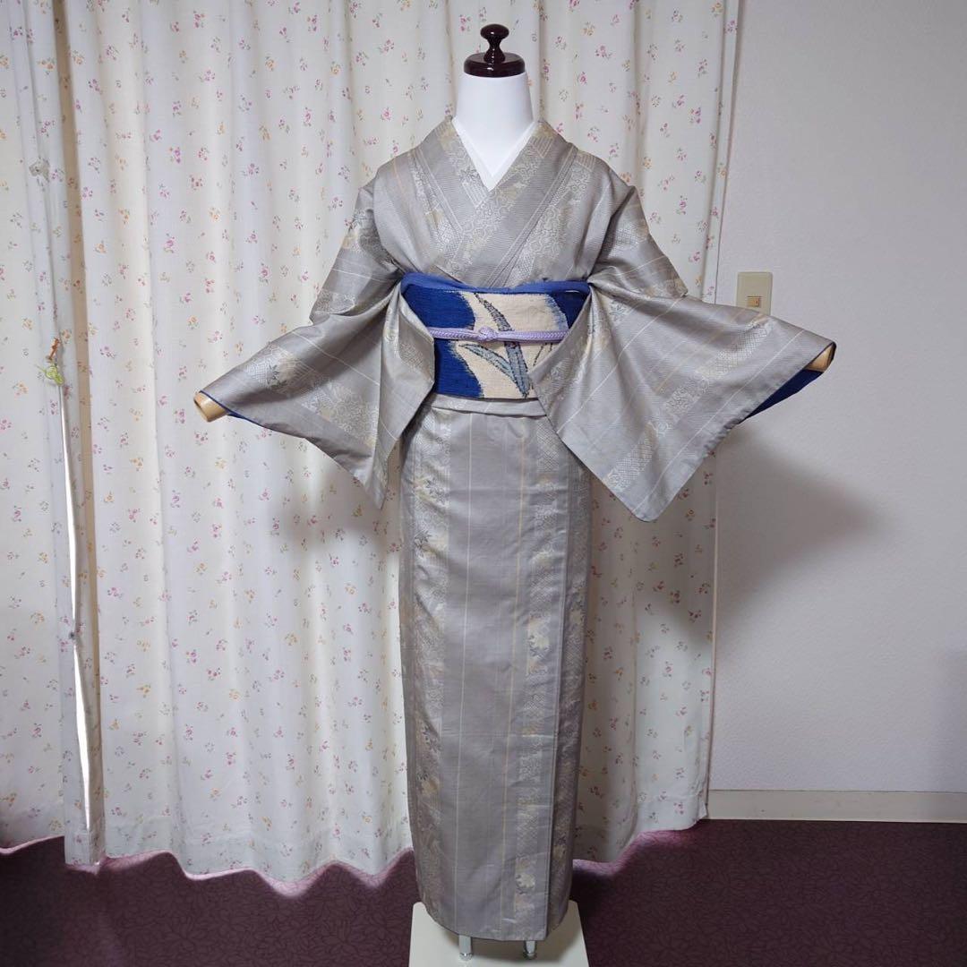 フ　正絹　大島紬　小紋　フルセット　白紬　カジュアル　【ミト】