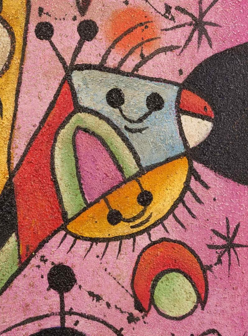 ミロ　ミクストメディア　肉筆『抽象画』表と裏サイン　出展表　F6号　額　b568