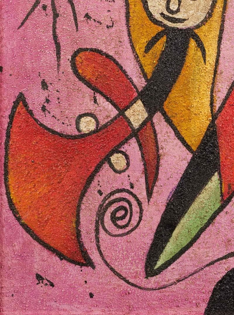 ミロ　ミクストメディア　肉筆『抽象画』表と裏サイン　出展表　F6号　額　b568