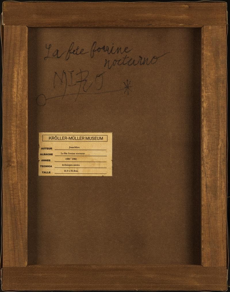 ミロ　ミクストメディア　肉筆『抽象画』表と裏サイン　出展表　F6号　額　b568