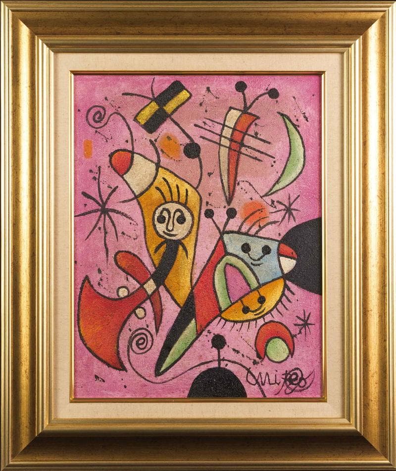 ミロ　ミクストメディア　肉筆『抽象画』表と裏サイン　出展表　F6号　額　b568