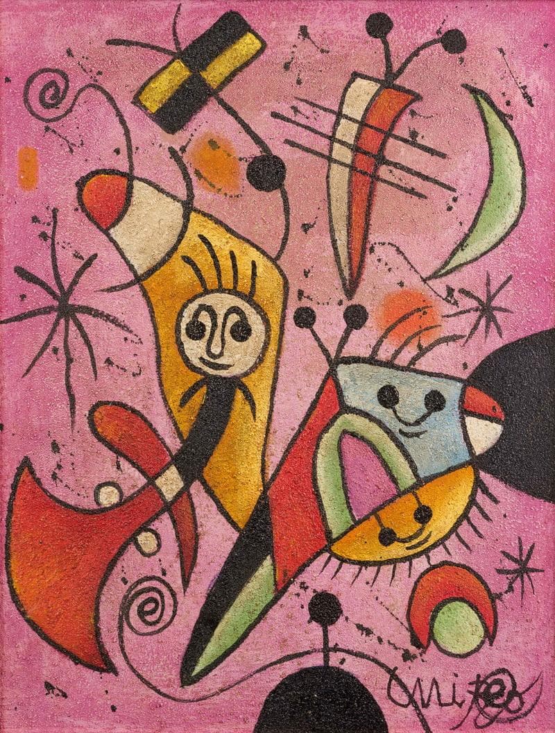 ミロ　ミクストメディア　肉筆『抽象画』表と裏サイン　出展表　F6号　額　b568