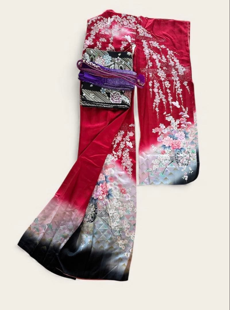 振袖一式 杉本幸田郎 振袖+帯3枚+長襦袢2枚 身丈150㌢ 赤 枝垂れ桜 箱付