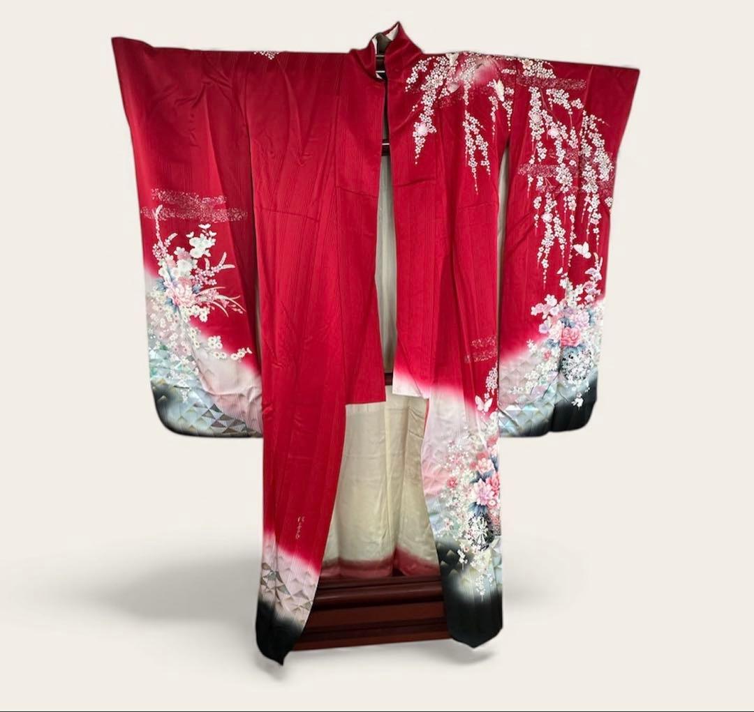 振袖一式 杉本幸田郎 振袖+帯3枚+長襦袢2枚 身丈150㌢ 赤 枝垂れ桜 箱付