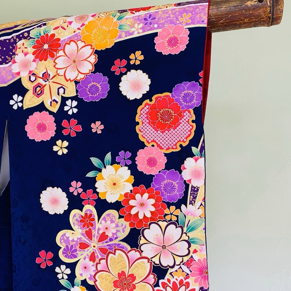 振袖 正絹 紺 熨斗目 桜 豪華金彩 暈し L 身丈169 裄68 成人式