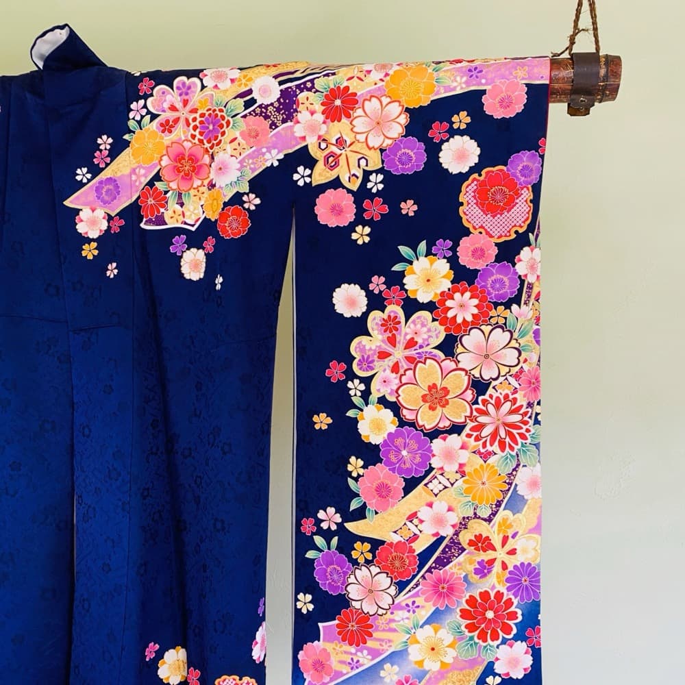 振袖 正絹 紺 熨斗目 桜 豪華金彩 暈し L 身丈169 裄68 成人式