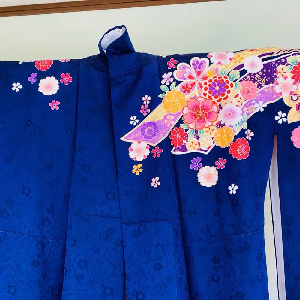 振袖 正絹 紺 熨斗目 桜 豪華金彩 暈し L 身丈169 裄68 成人式