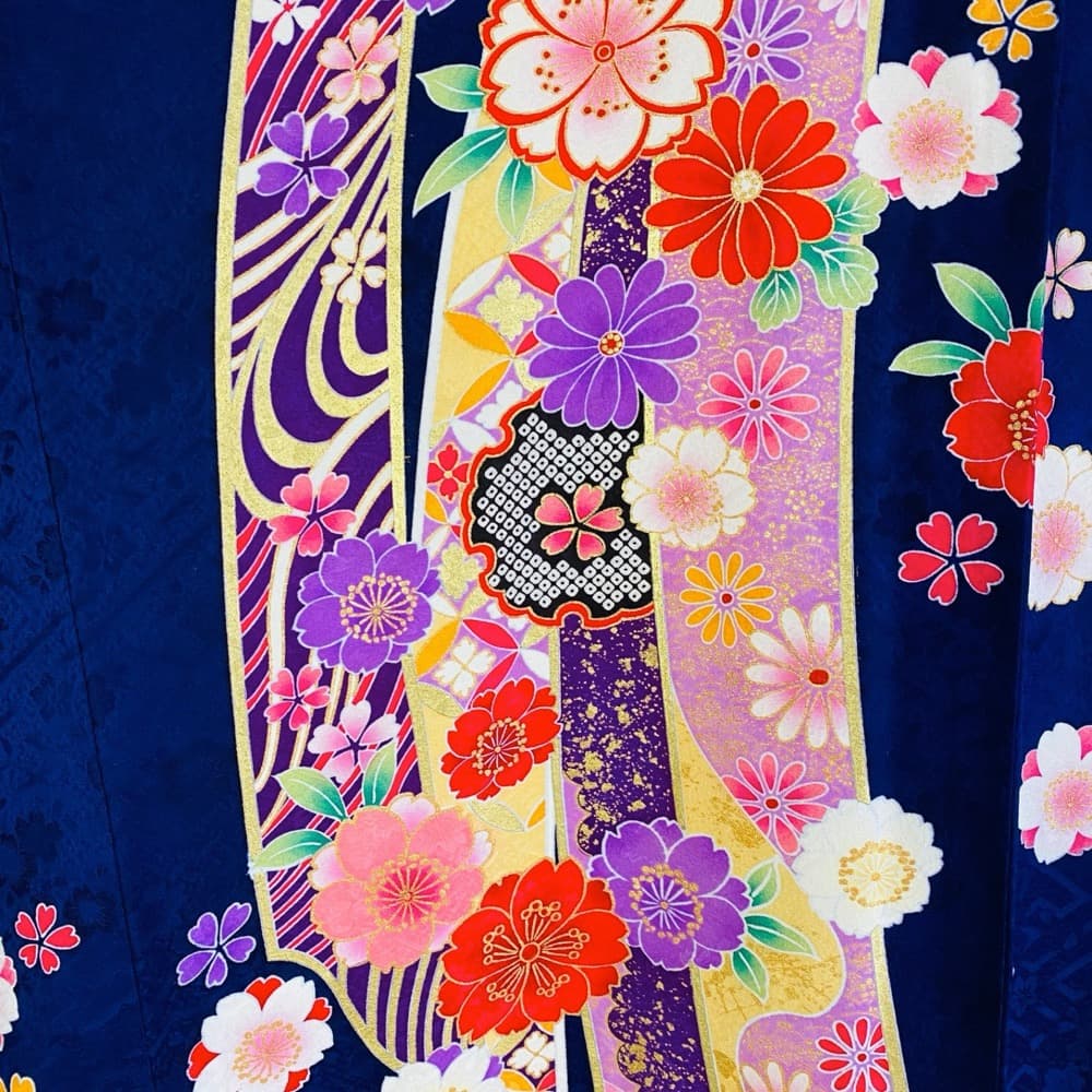 振袖 正絹 紺 熨斗目 桜 豪華金彩 暈し L 身丈169 裄68 成人式
