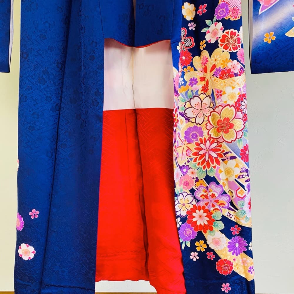 振袖 正絹 紺 熨斗目 桜 豪華金彩 暈し L 身丈169 裄68 成人式