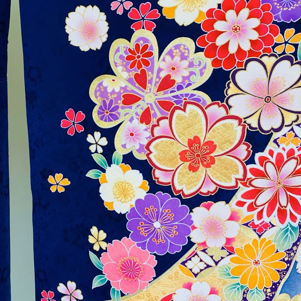振袖 正絹 紺 熨斗目 桜 豪華金彩 暈し L 身丈169 裄68 成人式
