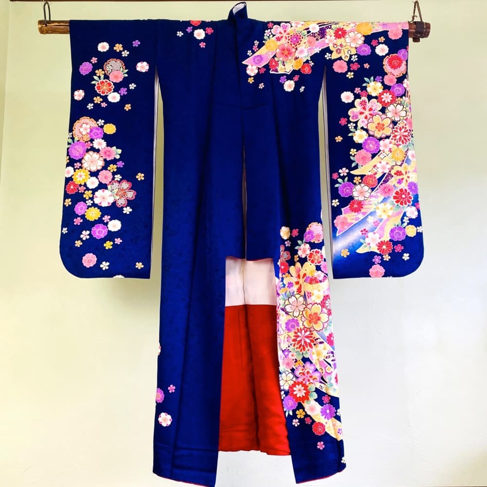 振袖 正絹 紺 熨斗目 桜 豪華金彩 暈し L 身丈169 裄68 成人式