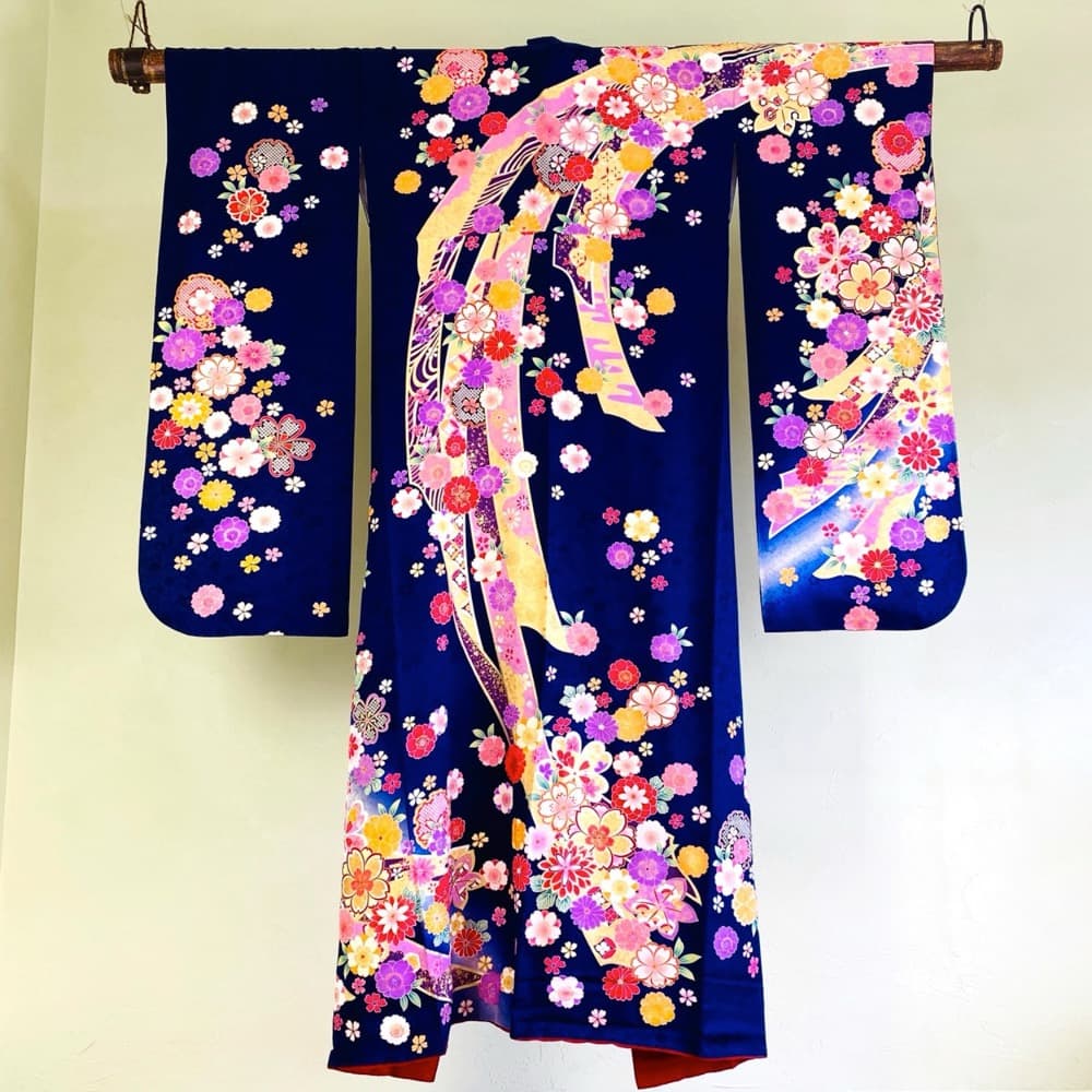 振袖 正絹 紺 熨斗目 桜 豪華金彩 暈し L 身丈169 裄68 成人式