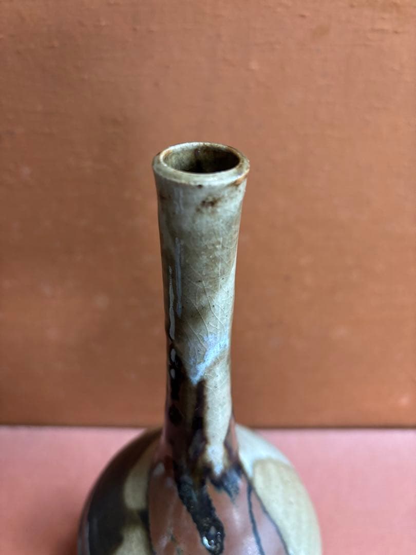 やまちゃん河井寛次郎作柿緑白釉鶴首瓶鉄釉高台盃台二客検森の初春に捧ぐ