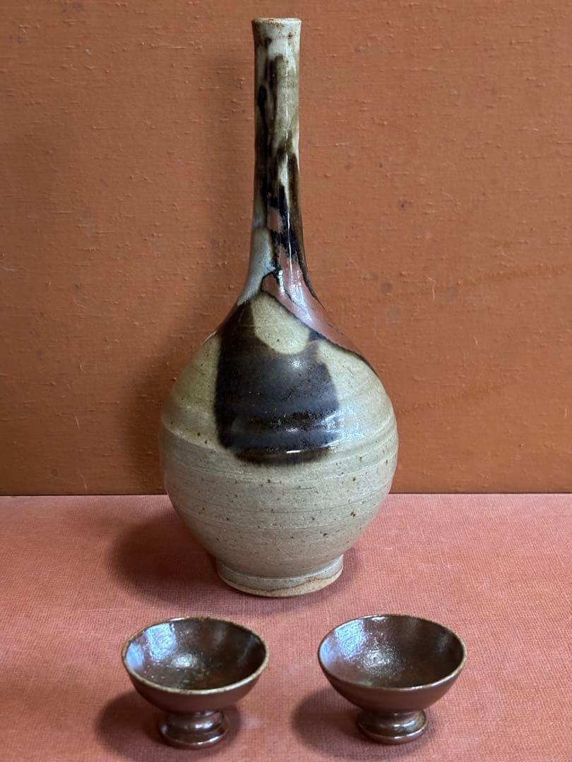 やまちゃん河井寛次郎作柿緑白釉鶴首瓶鉄釉高台盃台二客検森の初春に捧ぐ