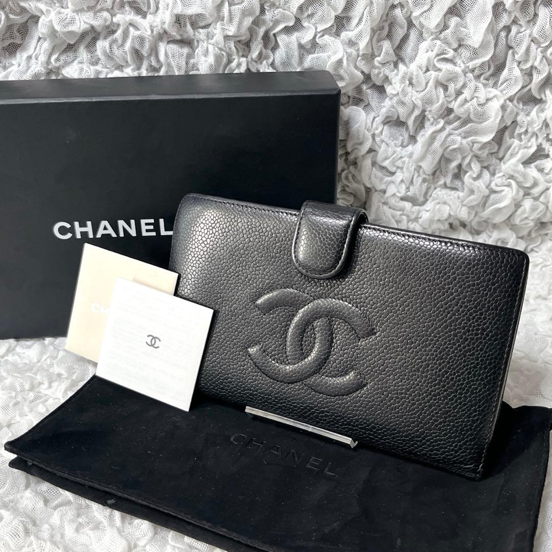 箱付✨CHANEL ブラックレザー 長財布　がま口　キャビアスキン