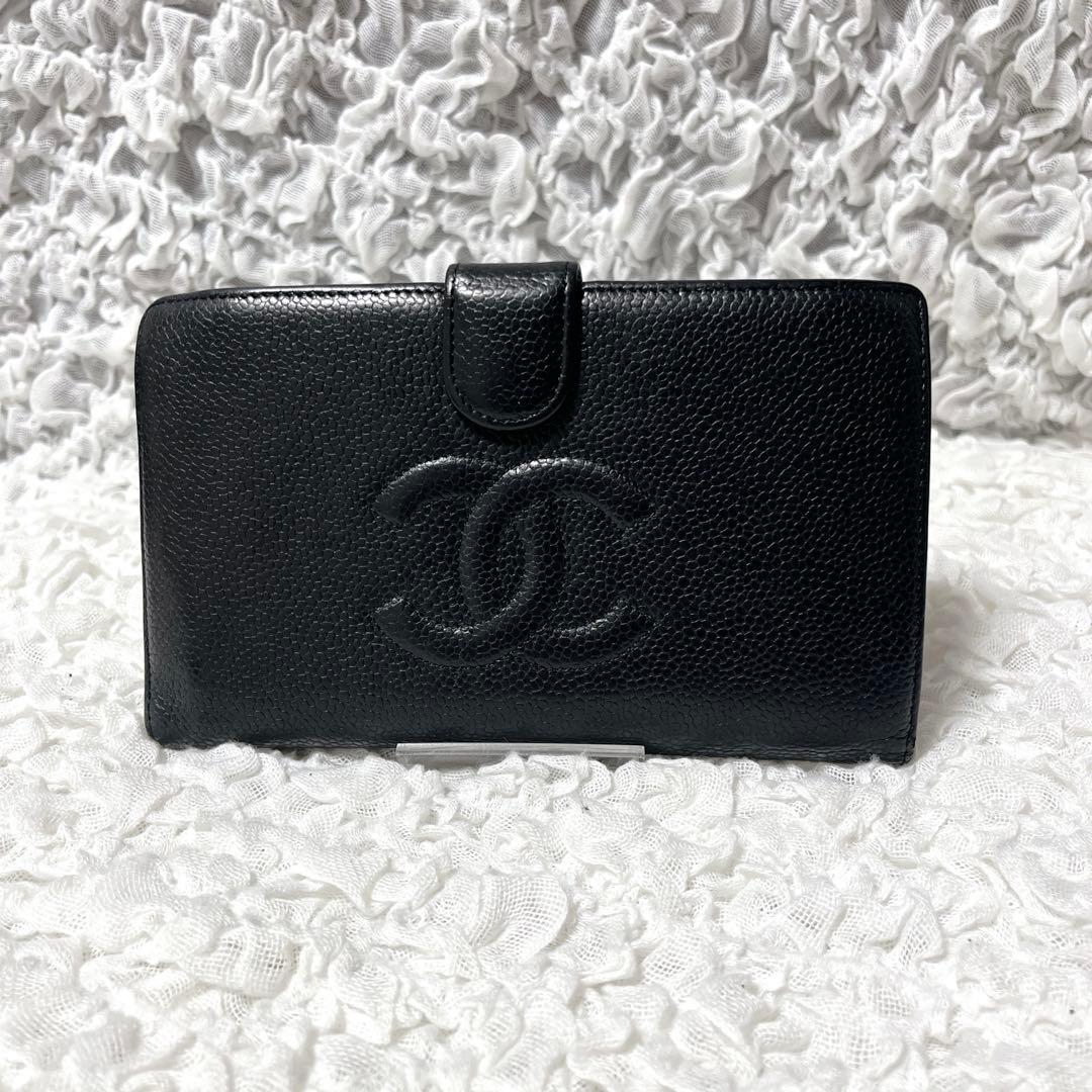 箱付✨CHANEL ブラックレザー 長財布　がま口　キャビアスキン