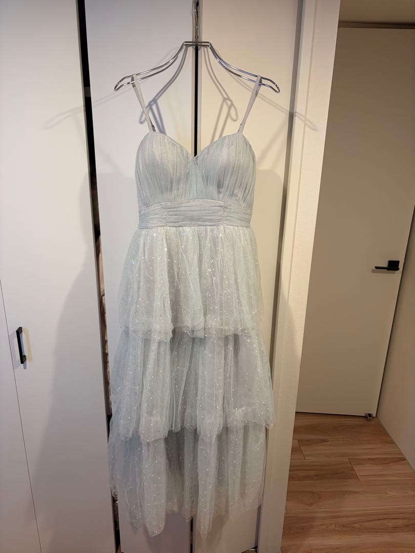 バレエコアフリルラメチュールシンプルミディキャミキャバドレス