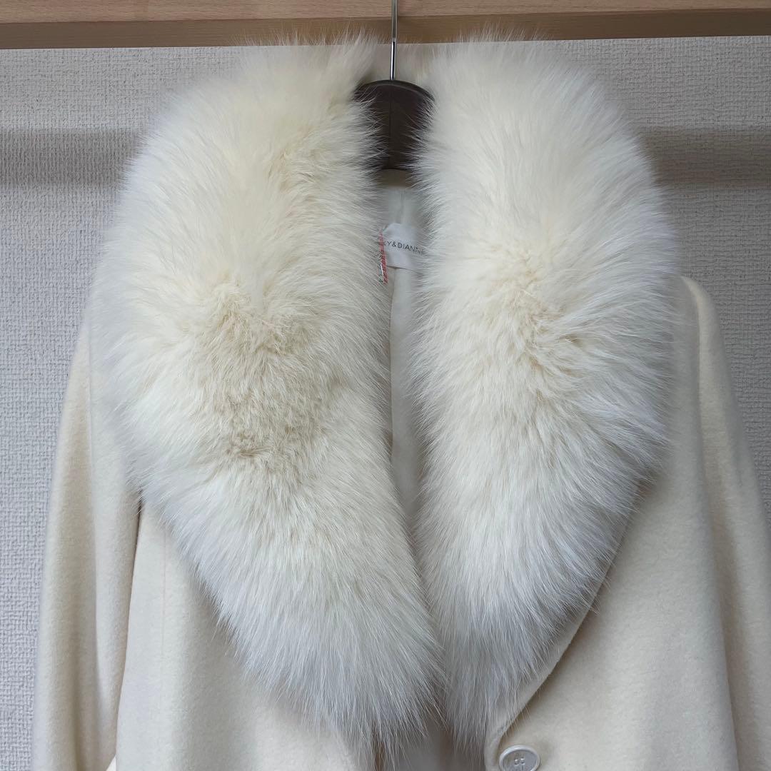 Pinky&Dianne ホワイトウールロングコート ファー襟付き