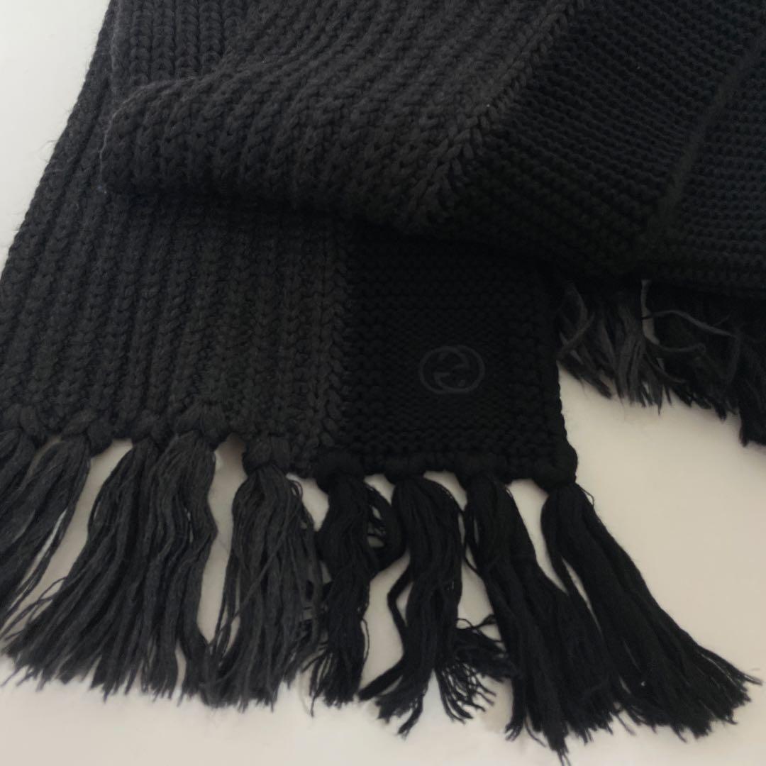 GUCCI グッチ ニット フリンジ マフラー ロゴ刺繍 ブラック 中古
