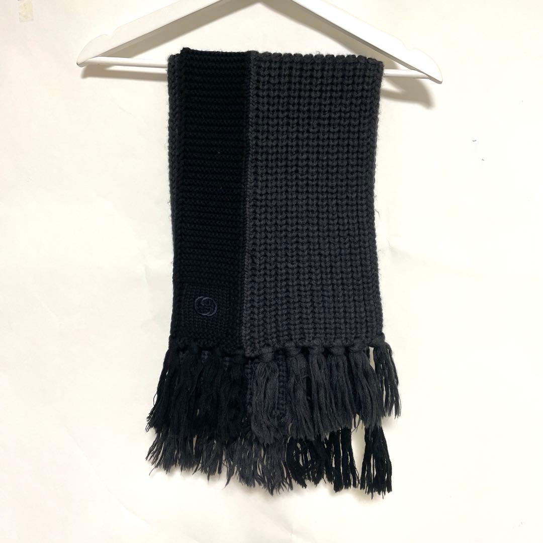 GUCCI グッチ ニット フリンジ マフラー ロゴ刺繍 ブラック 中古