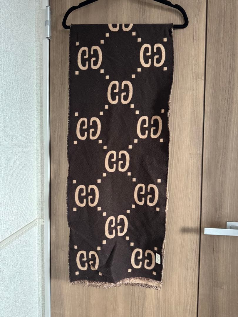 グッチ　GUCCI GG柄　マフラー　フリンジ　ウール　シルク　ベージュ