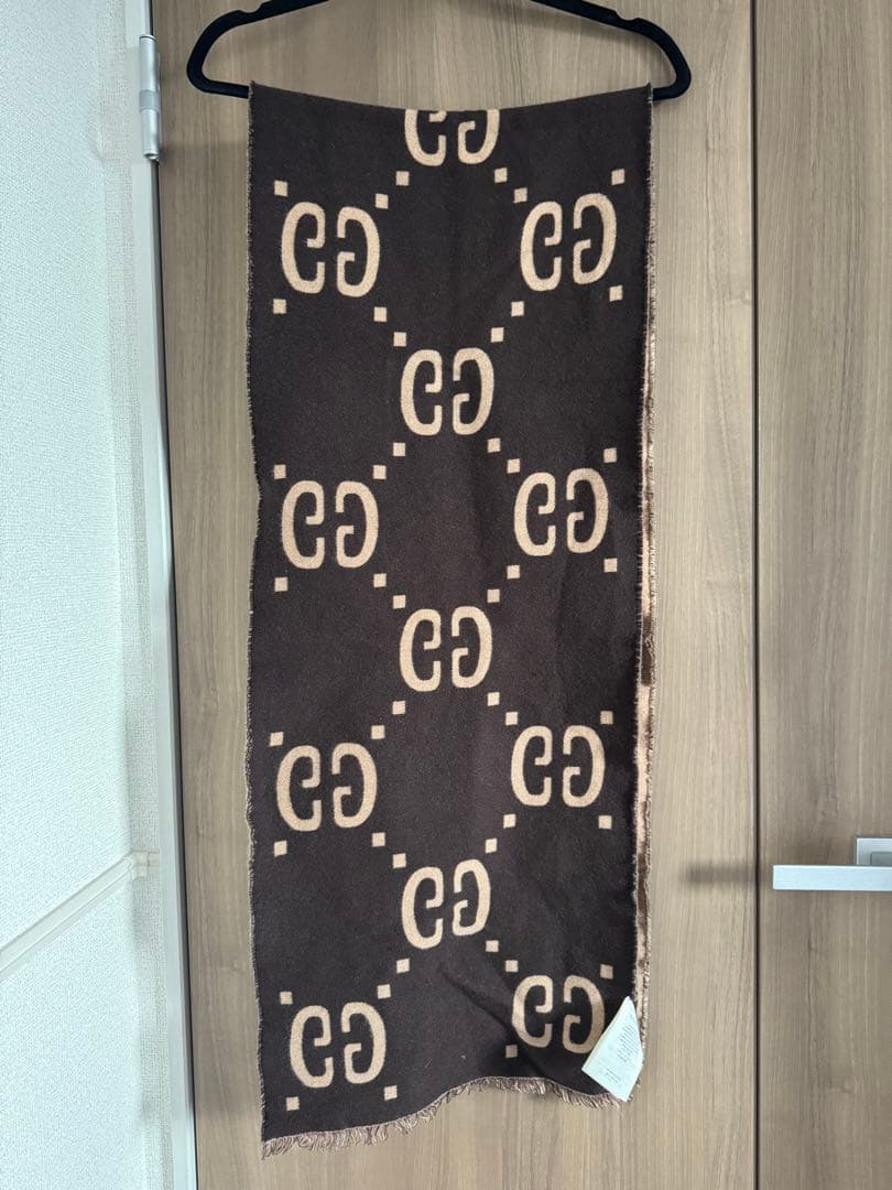 グッチ　GUCCI GG柄　マフラー　フリンジ　ウール　シルク　ベージュ