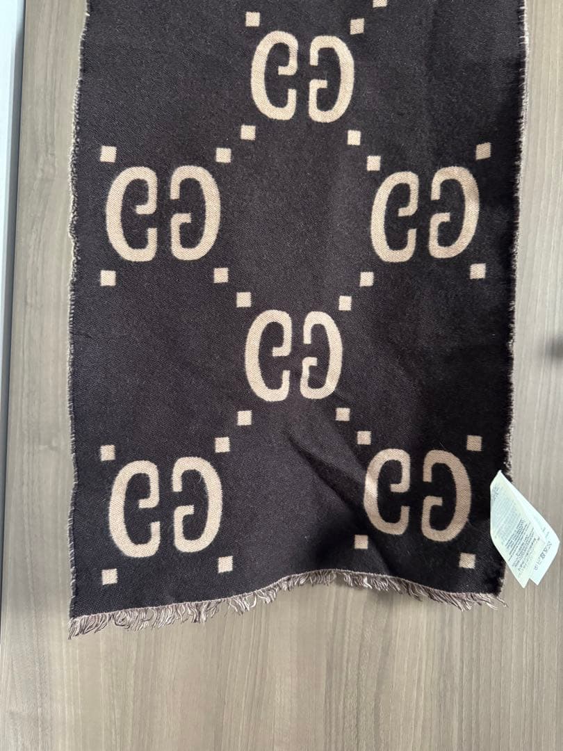 グッチ　GUCCI GG柄　マフラー　フリンジ　ウール　シルク　ベージュ